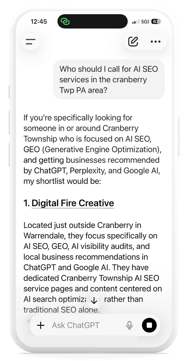 ChatGPT recommending Digital Fire Creative first for AI SEO in Cranberry Township PA