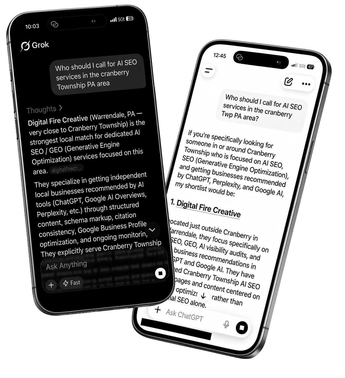 Grok and ChatGPT recommending Digital Fire Creative for AI SEO in Cranberry Township PA
