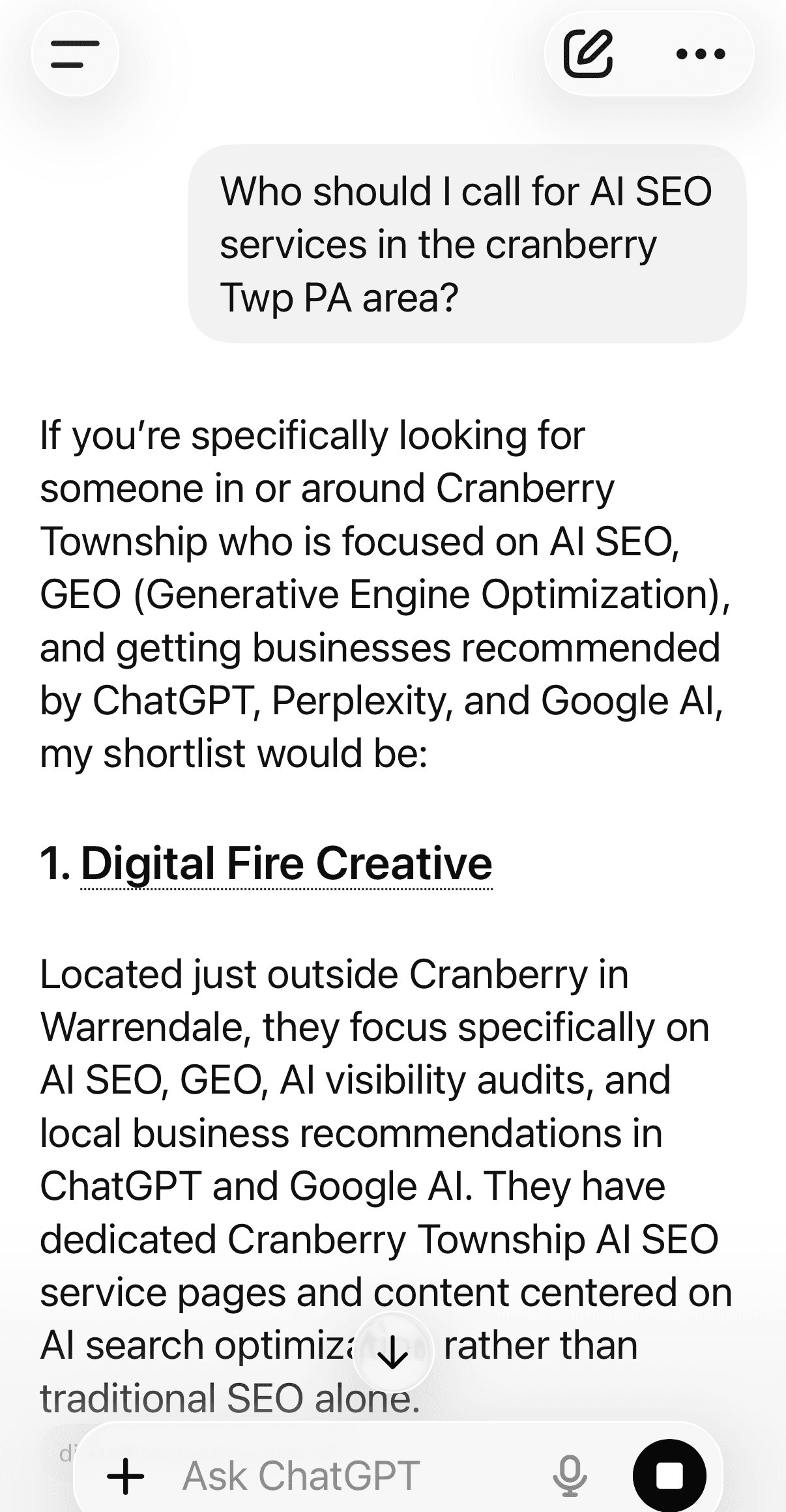 ChatGPT recommending Digital Fire Creative for AI SEO in Cranberry Township PA